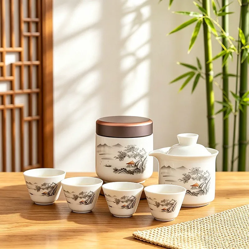 Travel Tea Set with Teapot and Three Cups tableware view 2