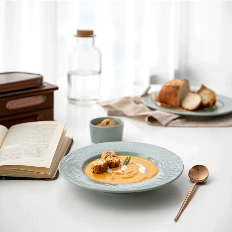 طبق عشاء سيراميك بنقش موراندي بارز tableware view 3