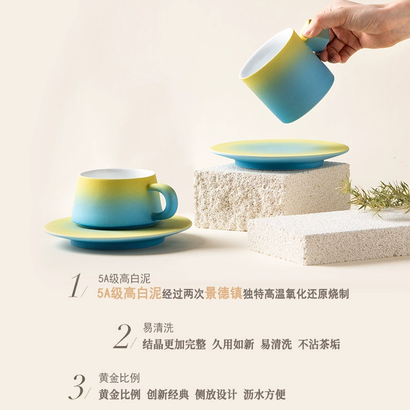 Juego de taza de café y platillo degradado amarillo y azul tableware view 3