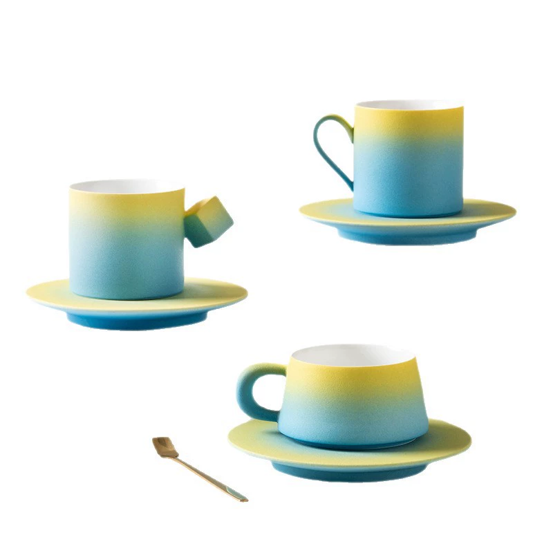 Juego de taza de café y platillo degradado amarillo y azul tableware view 5
