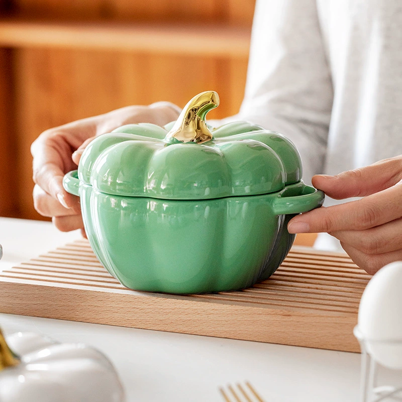 Pumpkin-Shaped Ceramic Steaming Bowl with Lid tableware view 2