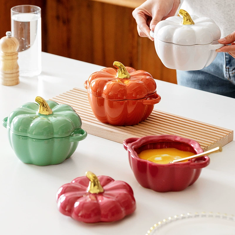 Pumpkin-Shaped Ceramic Steaming Bowl with Lid tableware view 3