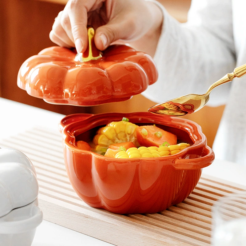 Pumpkin-Shaped Ceramic Steaming Bowl with Lid tableware view 4