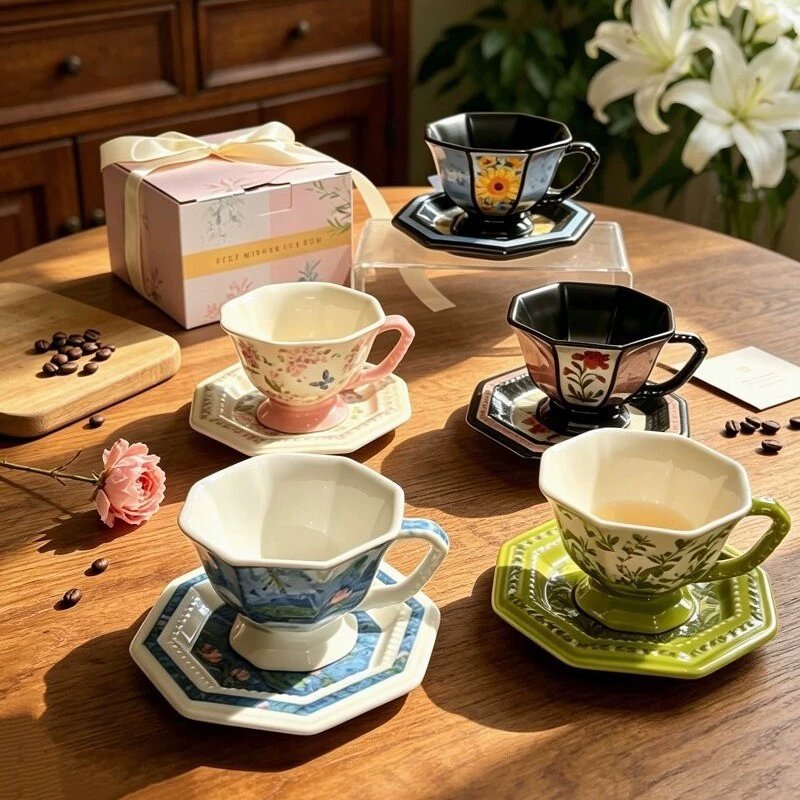 Ceramic Coffee Cup and Saucer Set with Floral Design tableware view 3