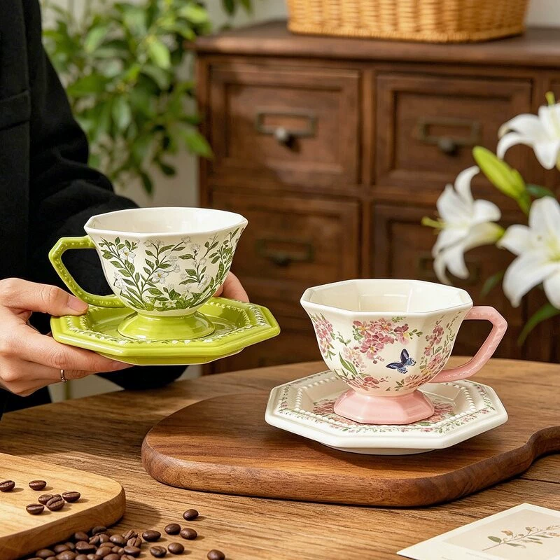 Ceramic Coffee Cup and Saucer Set with Floral Design tableware view 4