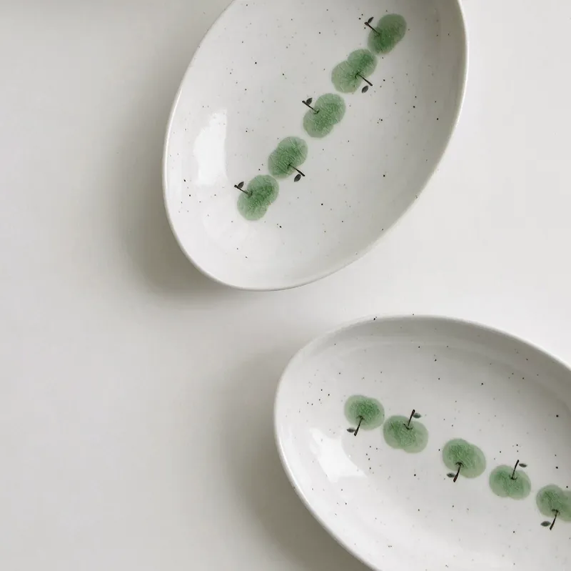 Hand-Painted Green Apple Oval Ceramic Plate