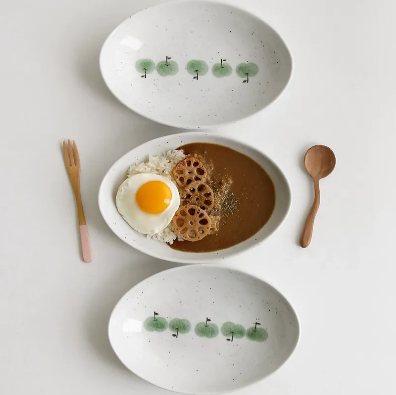 핸드페인팅 그린 애플 타원형 도자기 접시 tableware view 4