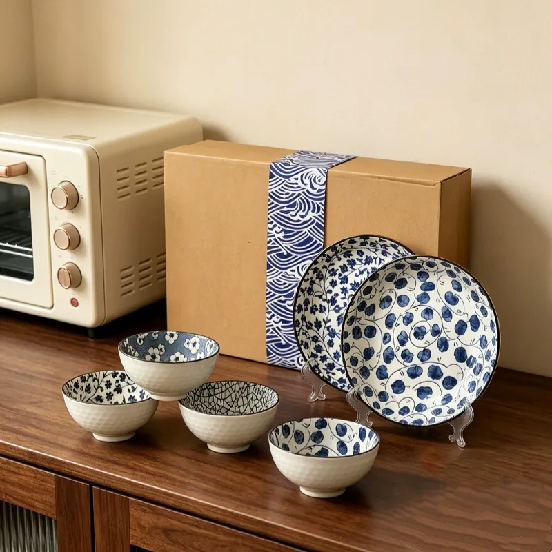 Conjunto de jantar de porcelana azul e branca