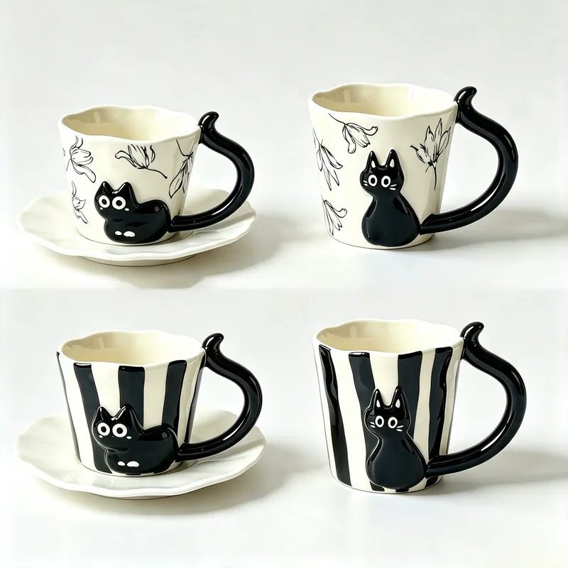 Black Cat Embossed Coffee Cup Set