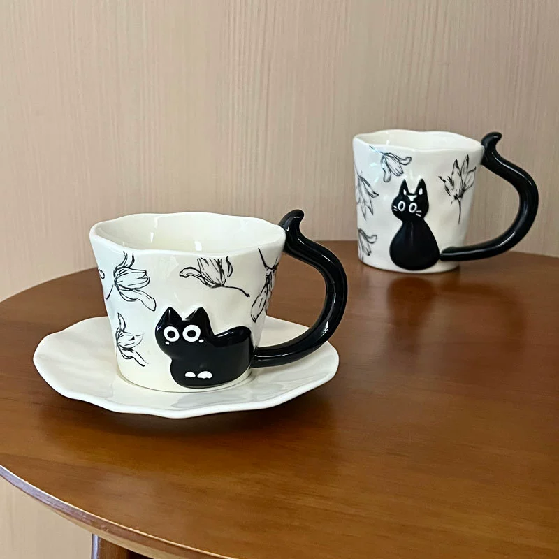 Black Cat Embossed Coffee Cup Set