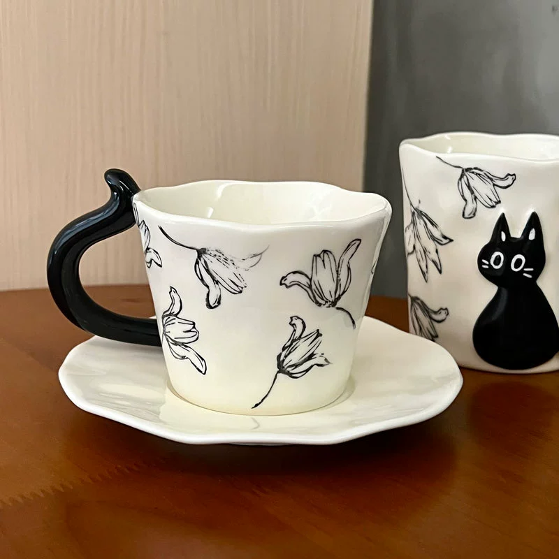 Juego de tazas de café de cerámica con gato negro en relieve tableware view 2