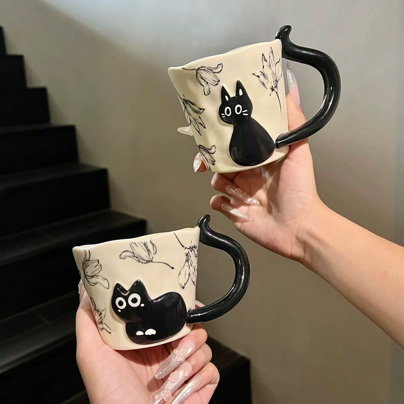 Juego de tazas de café de cerámica con gato negro en relieve tableware view 3