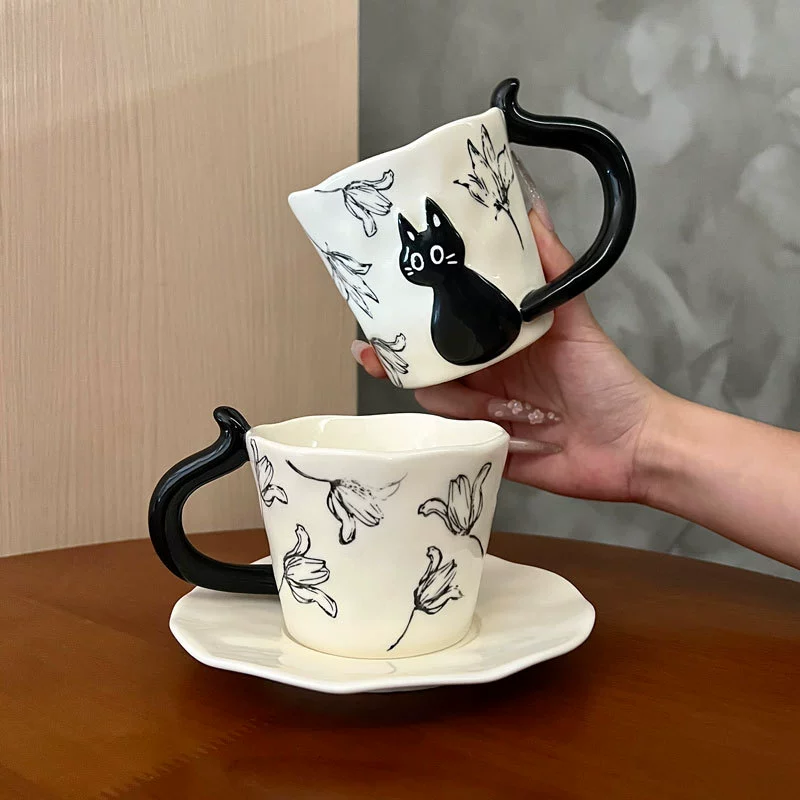 Juego de tazas de café de cerámica con gato negro en relieve tableware view 4