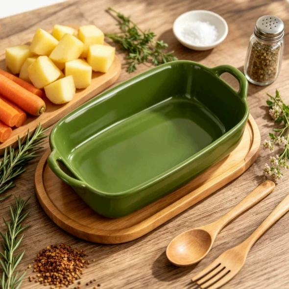 طبق خبز سيراميك أخضر عتيق بمقبضين tableware view 3