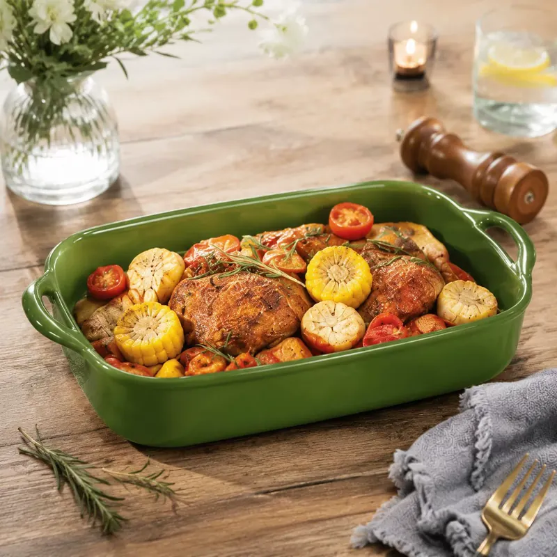 طبق خبز سيراميك أخضر عتيق بمقبضين tableware view 4