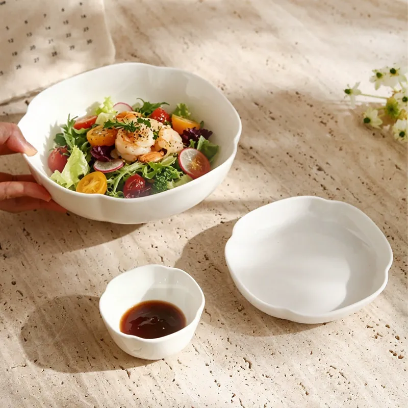 White Petal Ceramic Bowl and Plate Set