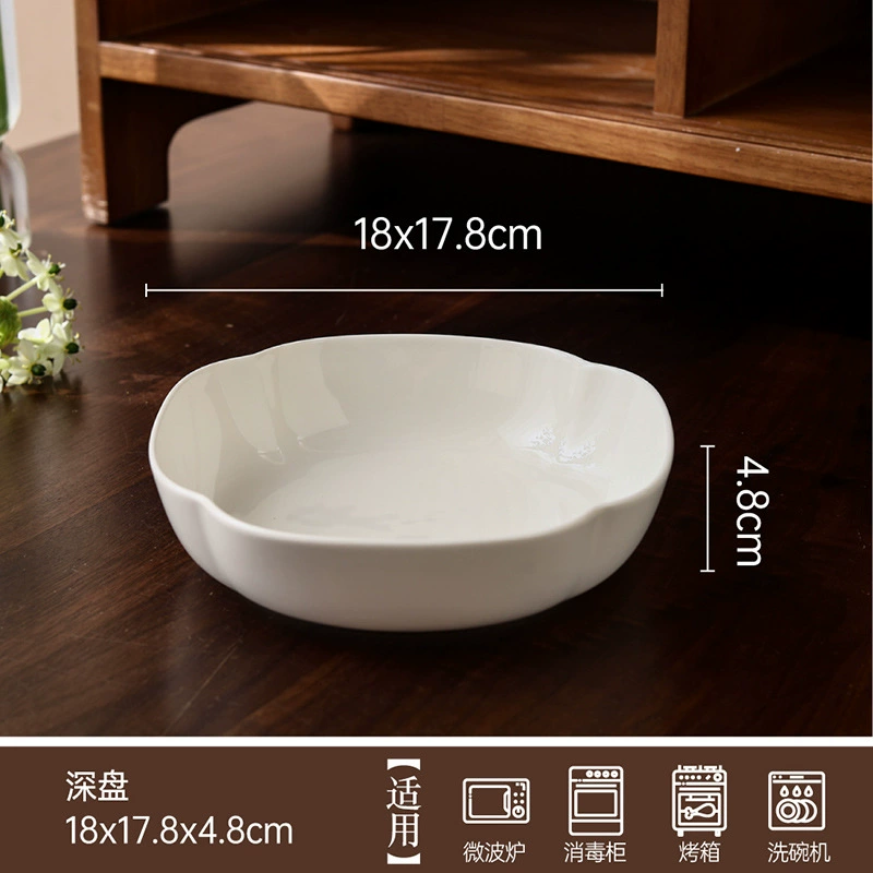 طقم وعاء وطبق سيراميك أبيض بشكل بتلة tableware view 6