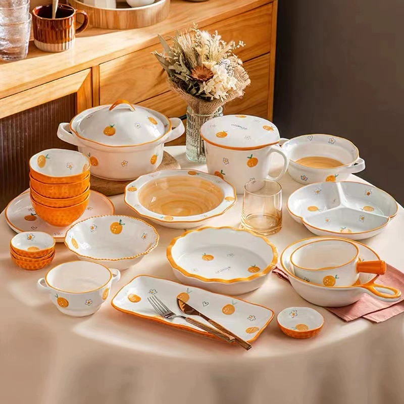 Orange Pattern Soup Bowl and Plate Set tableware