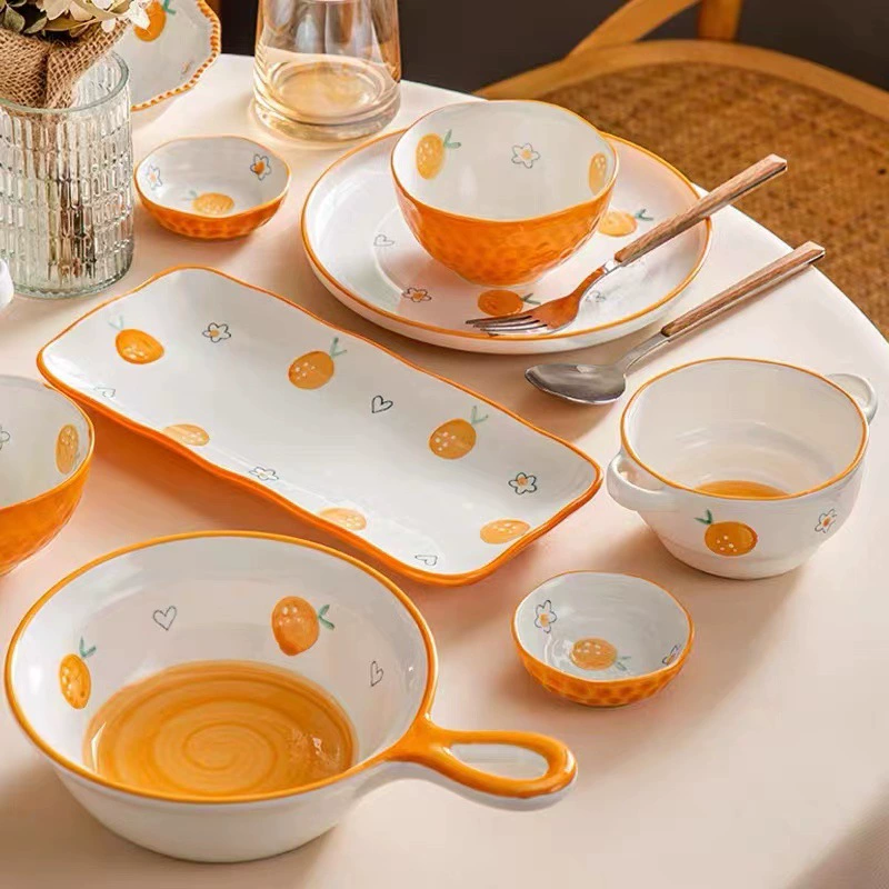 Orange Pattern Soup Bowl and Plate Set tableware view 2