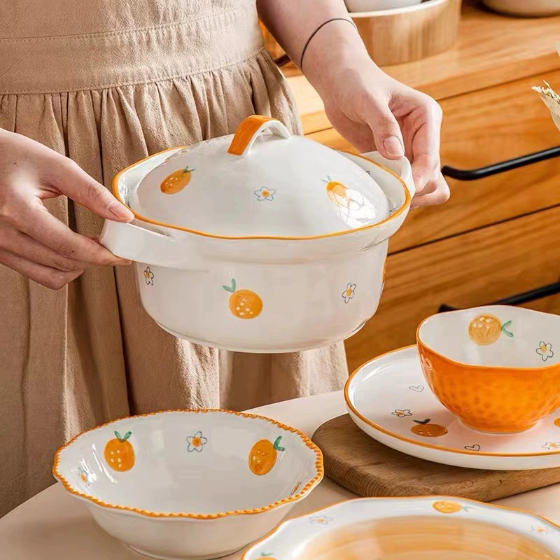 Orange Pattern Soup Bowl and Plate Set tableware view 3