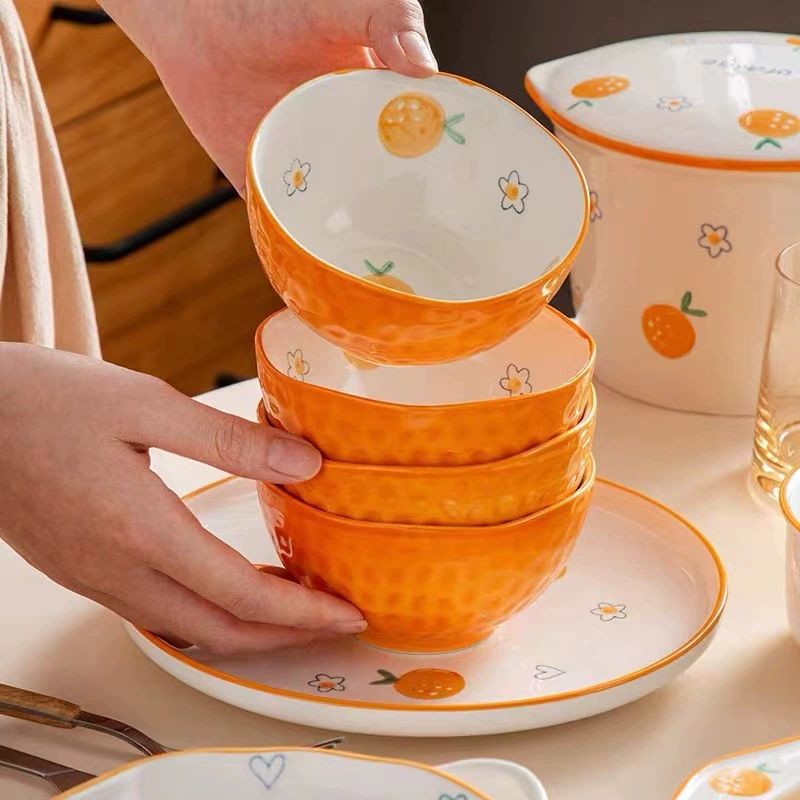 Orange Pattern Soup Bowl and Plate Set tableware view 4