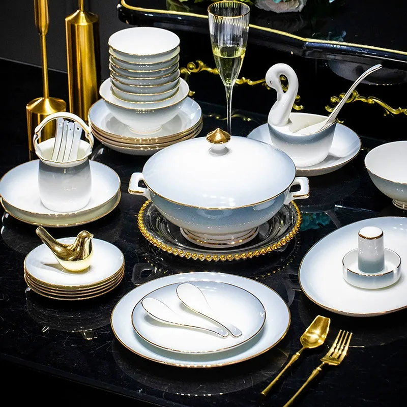 Graduated Gray Porcelain Dinnerware Set with Gold Rim