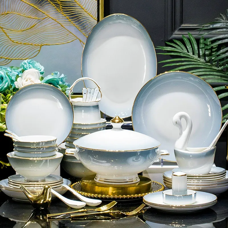 Graduated Gray Porcelain Dinnerware Set with Gold Rim tableware view 2