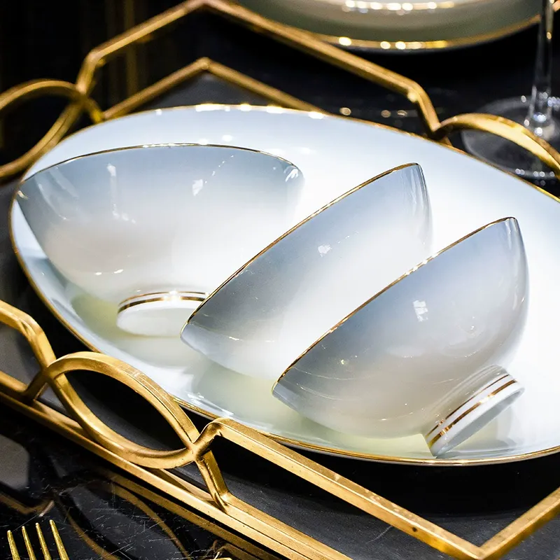Graduated Gray Porcelain Dinnerware Set with Gold Rim tableware view 3