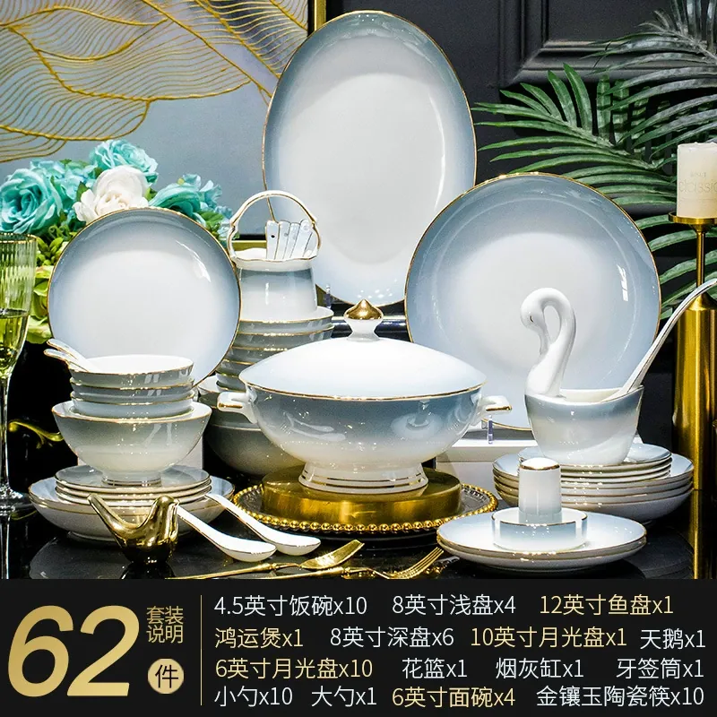 Graduated Gray Porcelain Dinnerware Set with Gold Rim tableware view 4