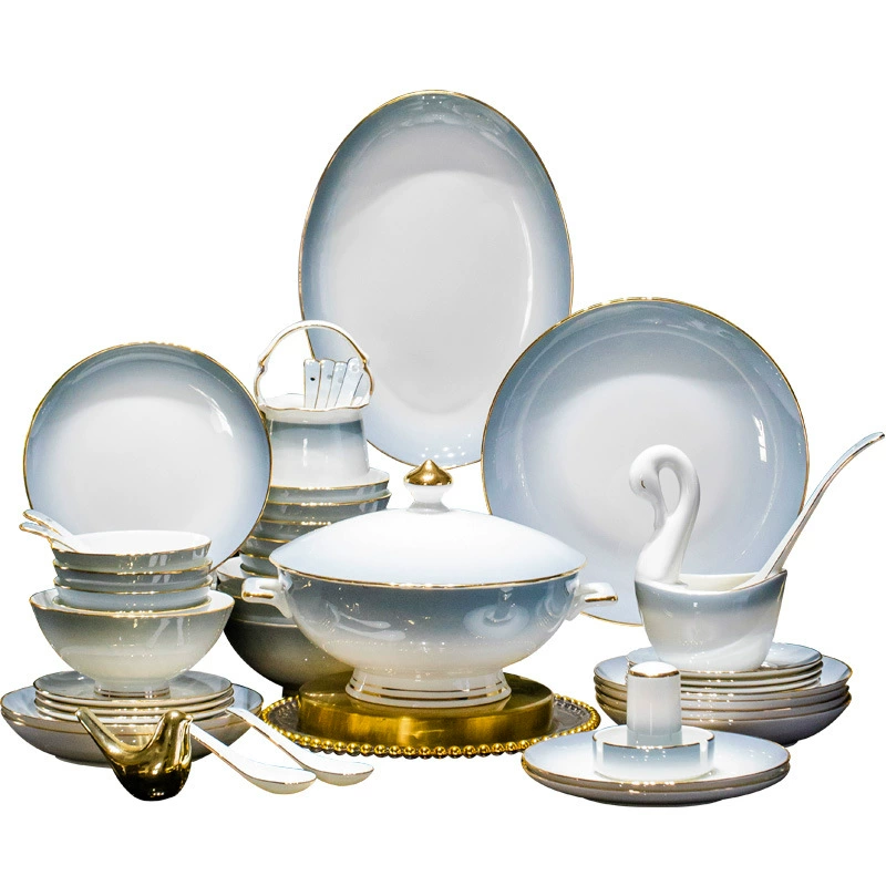 Graduated Gray Porcelain Dinnerware Set with Gold Rim tableware view 5