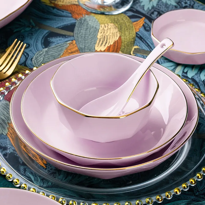 طقم أدوات مائدة بورسلين بنقش ماسي وردي tableware view 3