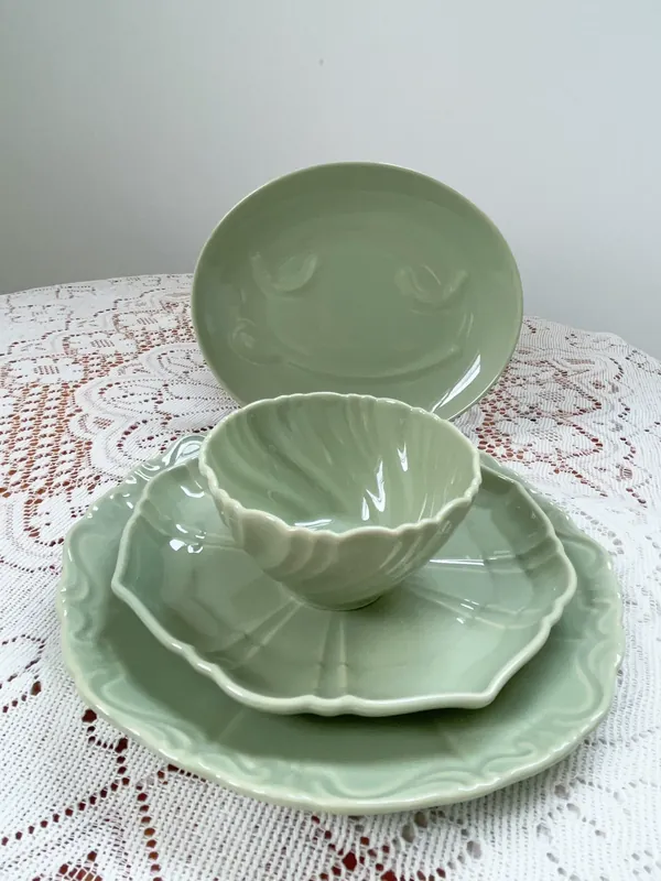 Japanese Green Relief Plate and Bowl