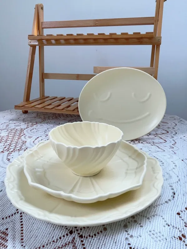 Japanese Matte Cream Relief Plate and Bowl