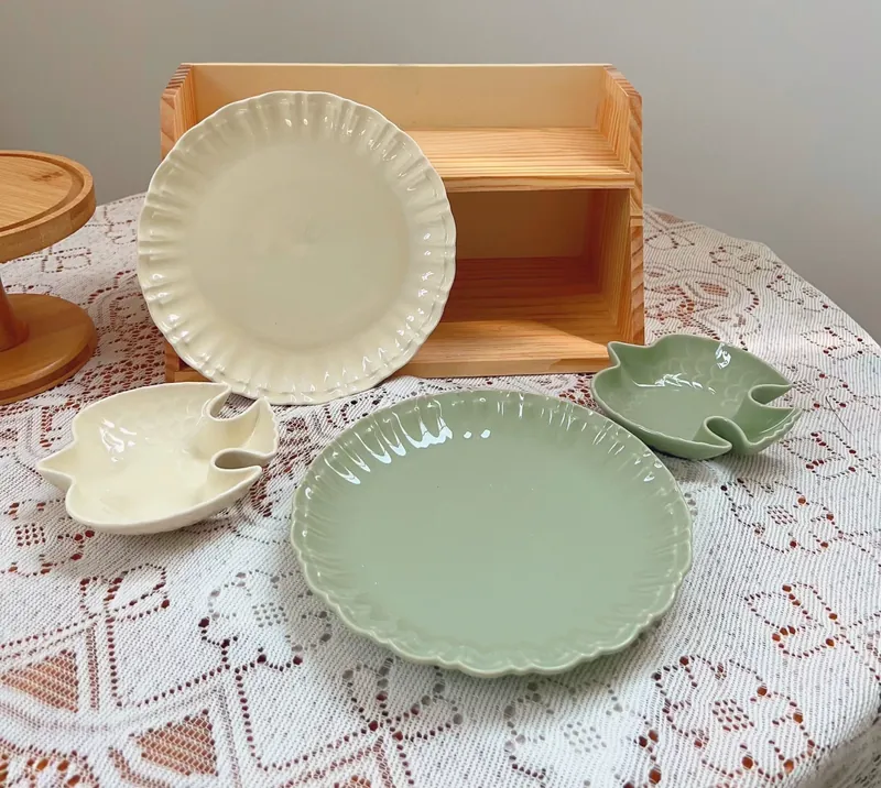 Japanese Cream Green Ceramic Plate tableware view 2
