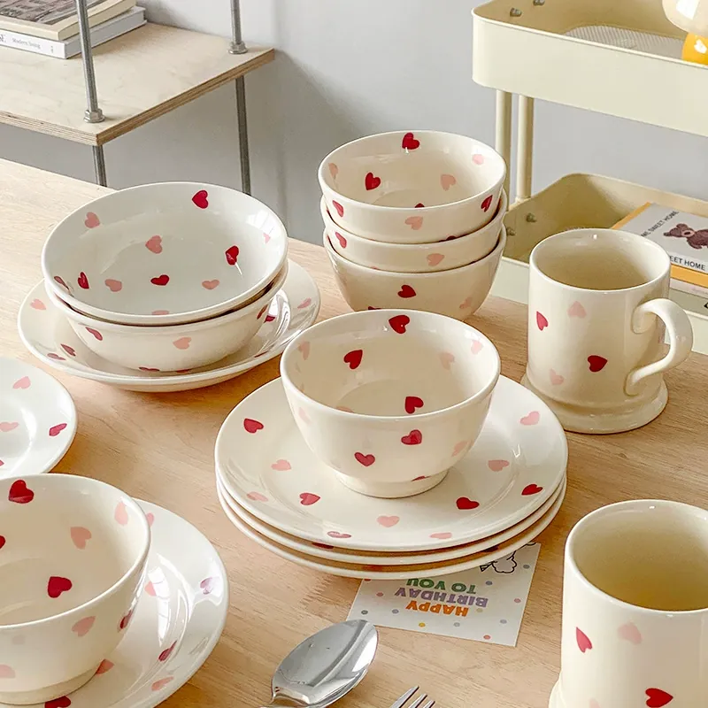 Porcelain Bowl and Plate Set with Heart Design