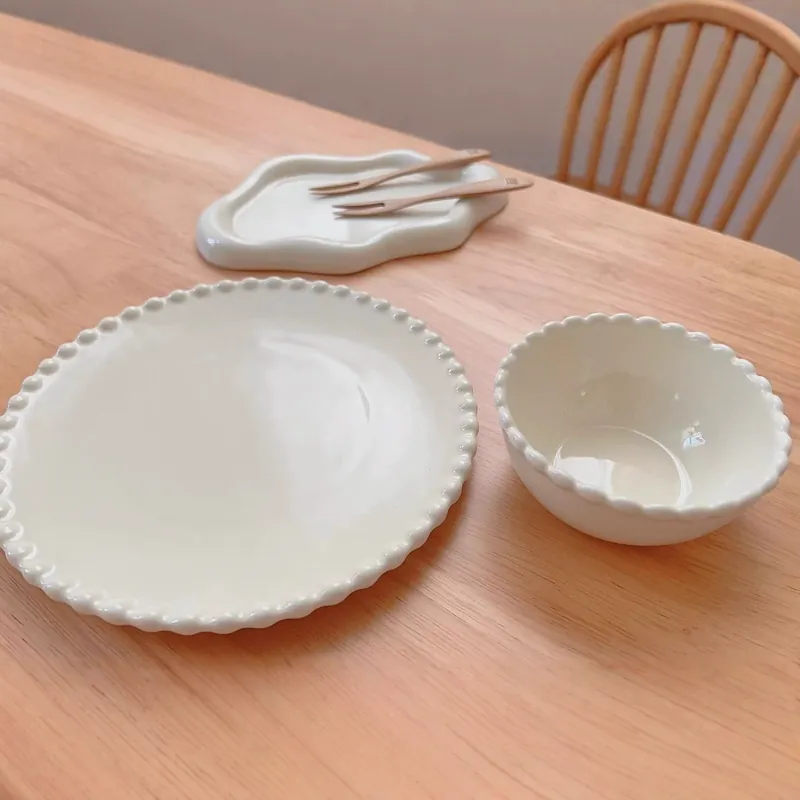 Ensemble assiette et bol perlé crème tableware view 2