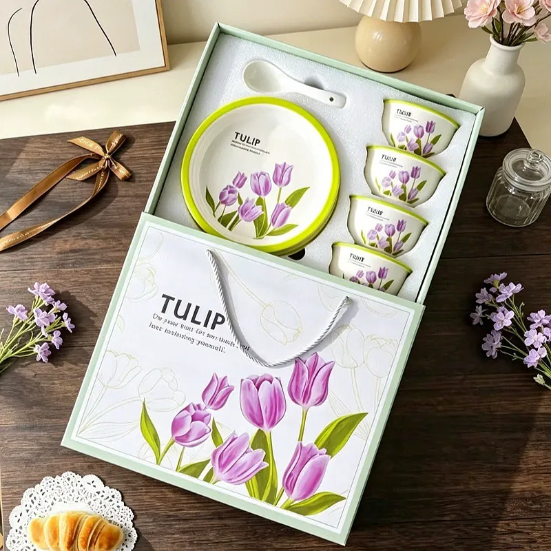 Набор керамической миски и палочек с тюльпанами tableware view 2