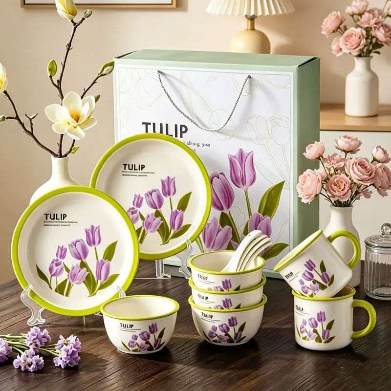 Набор керамической миски и палочек с тюльпанами tableware view 3