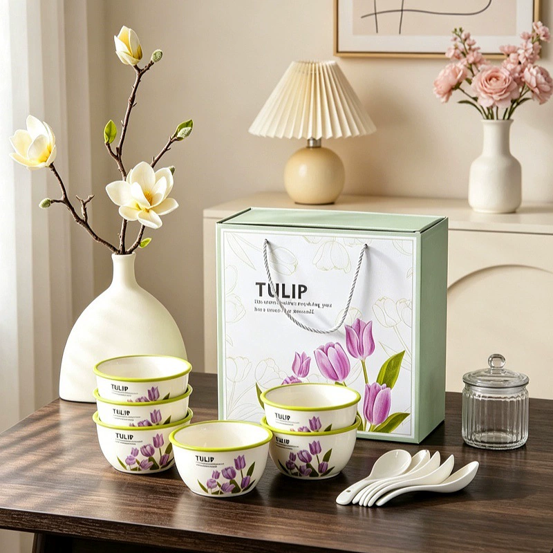 Набор керамической миски и палочек с тюльпанами tableware view 4