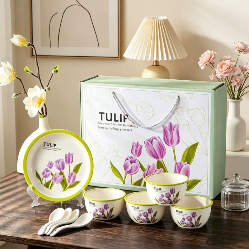 Набор керамической миски и палочек с тюльпанами tableware view 12