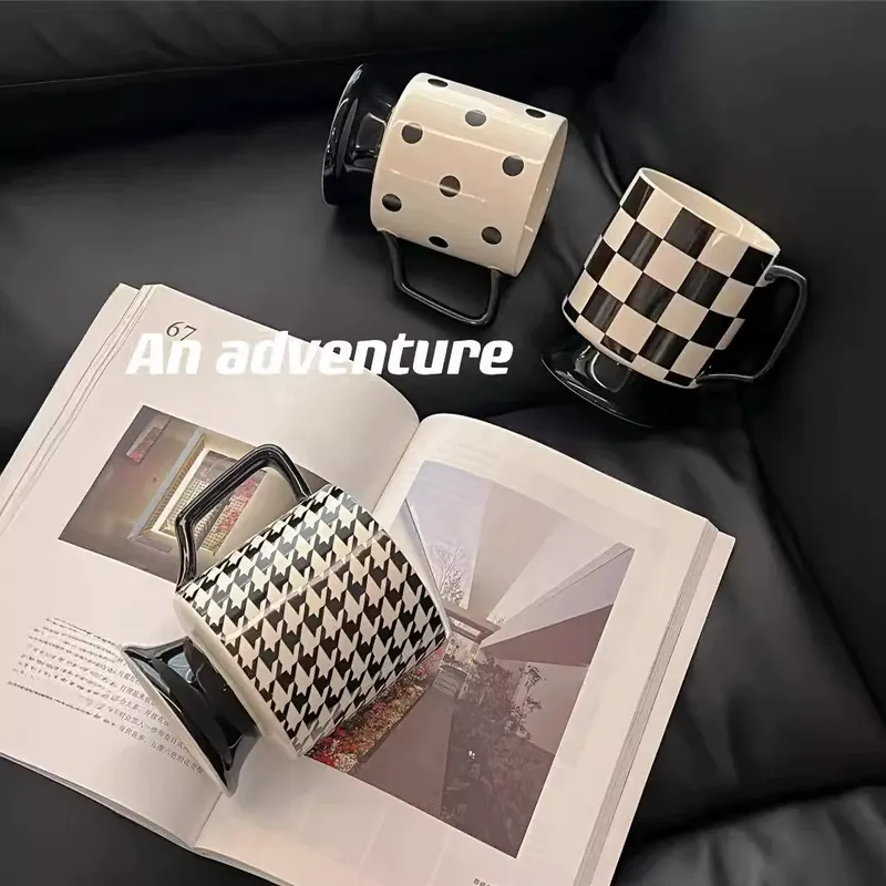 Ceramic High-Foot Mug with Black and White Design