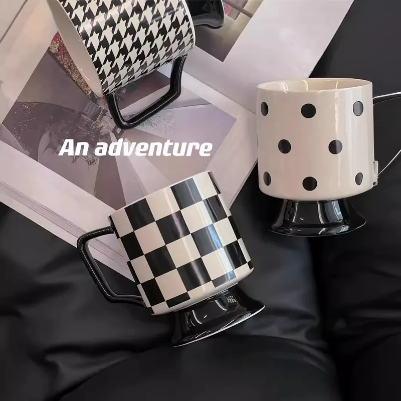 Ceramic High-Foot Mug with Black and White Design tableware view 2