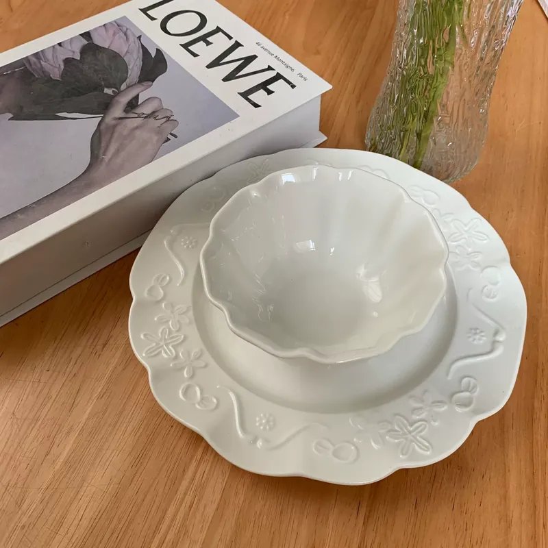French Vintage Embossed Porcelain Dinnerware Set tableware