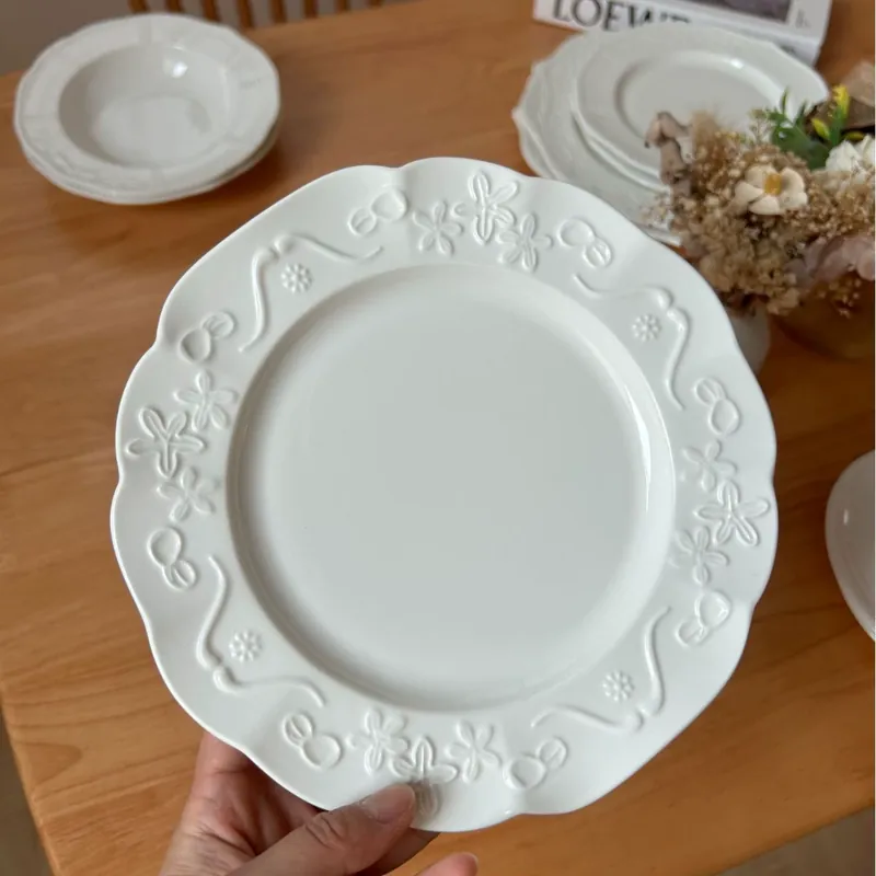 French Vintage Embossed Porcelain Dinnerware Set tableware view 2
