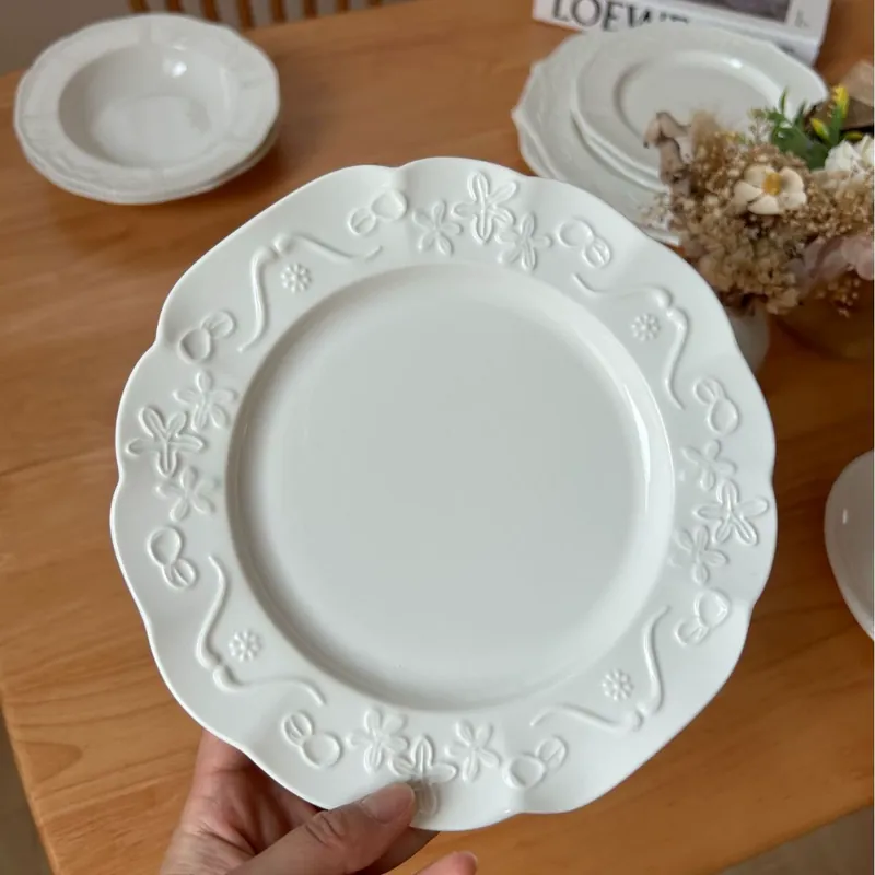 French Vintage Embossed Porcelain Dinnerware Set tableware view 6