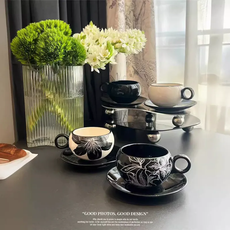Ceramic Coffee Cup and Saucer Set with Flower Design