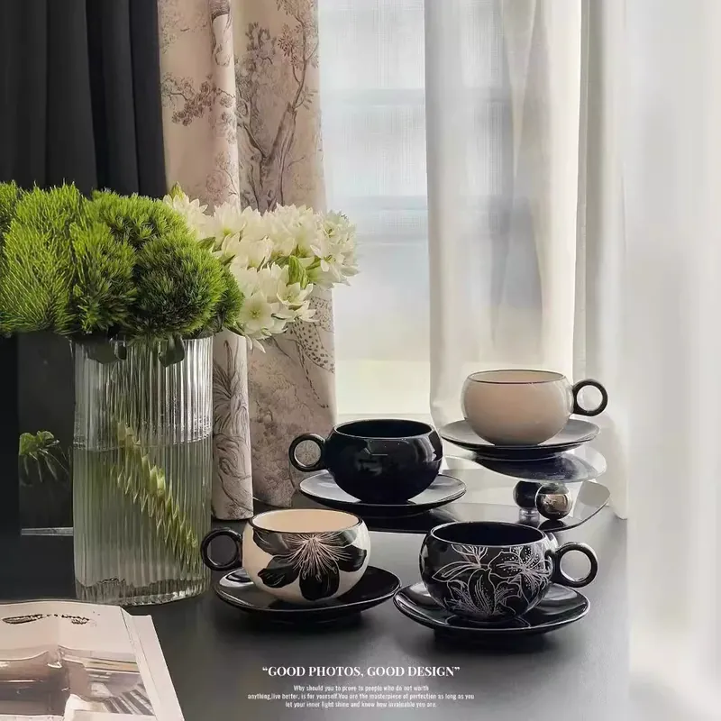 Ceramic Coffee Cup and Saucer Set with Flower Design tableware view 2