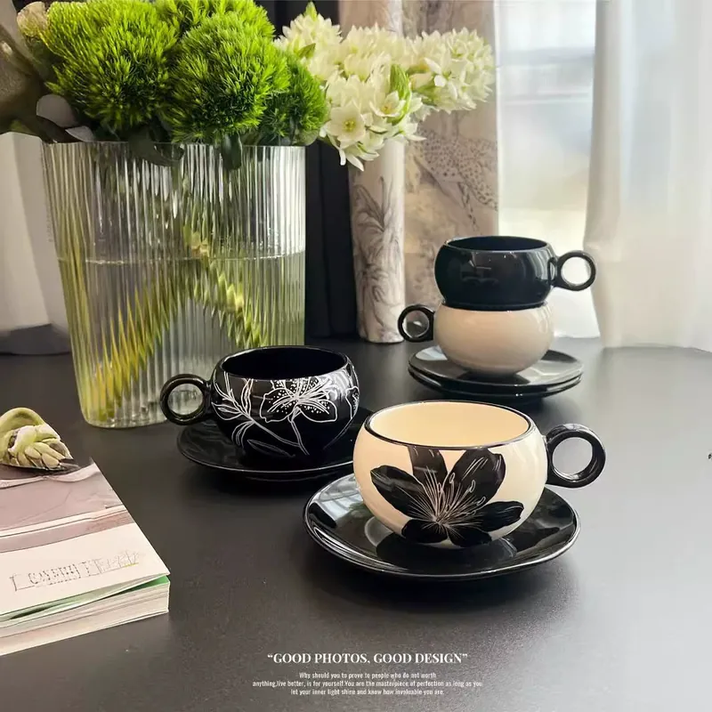 Ceramic Coffee Cup and Saucer Set with Flower Design tableware view 3