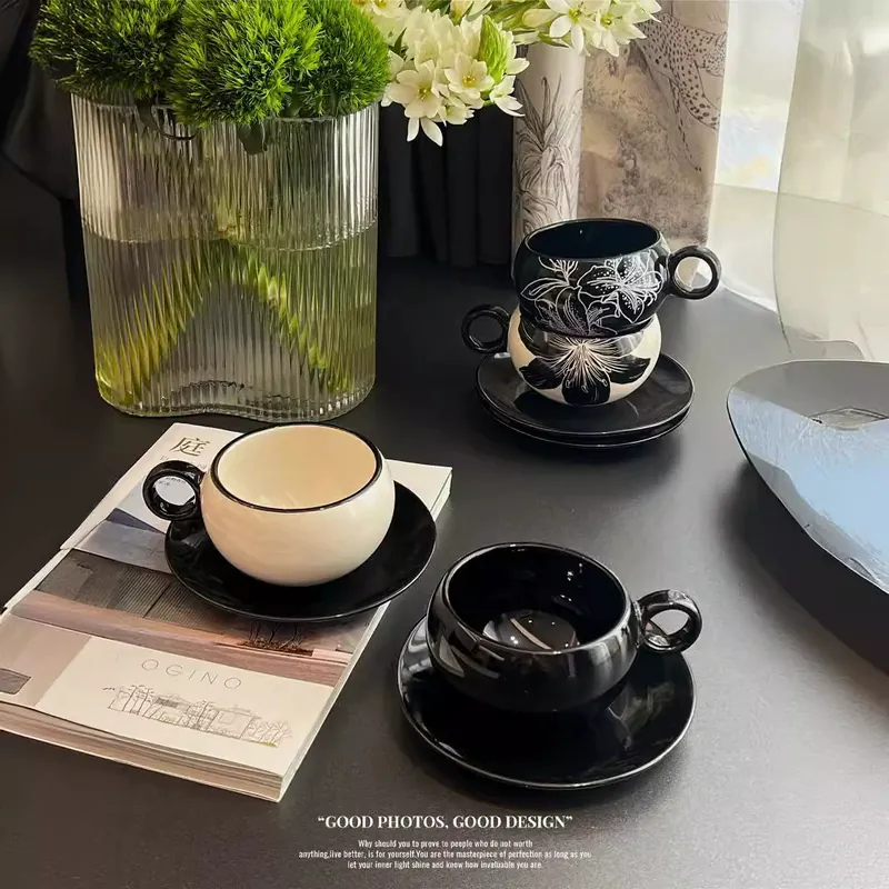 Ceramic Coffee Cup and Saucer Set with Flower Design tableware view 4