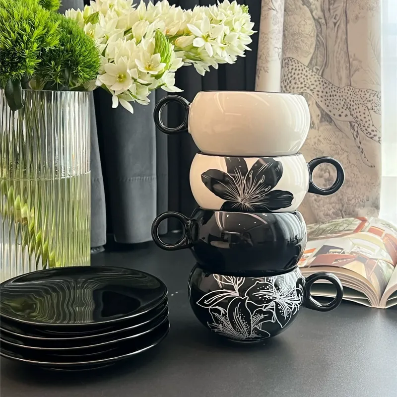 Ceramic Coffee Cup and Saucer Set with Flower Design tableware view 5
